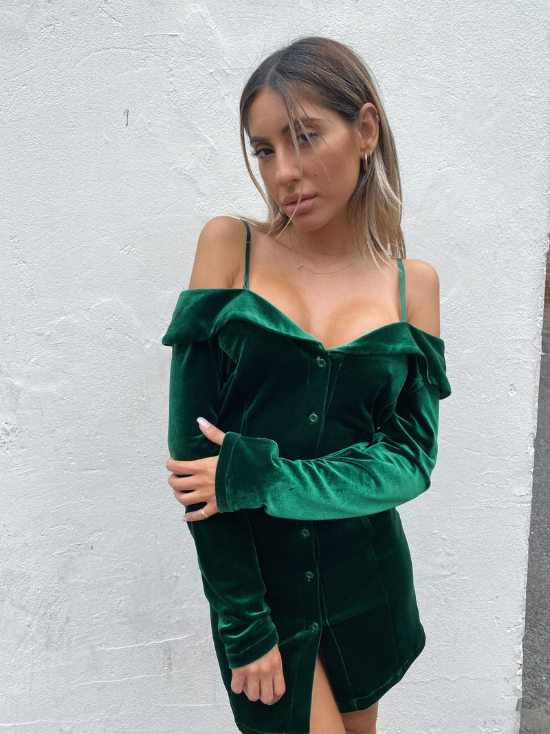 VELVET OFF SHOULDER DRESS - Emerald Green - SAMPLE