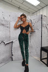 EMBOSSED VELVET LACE UP PANT - Emerald