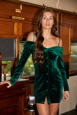 VELVET OFF SHOULDER DRESS - Emerald Green - SAMPLE
